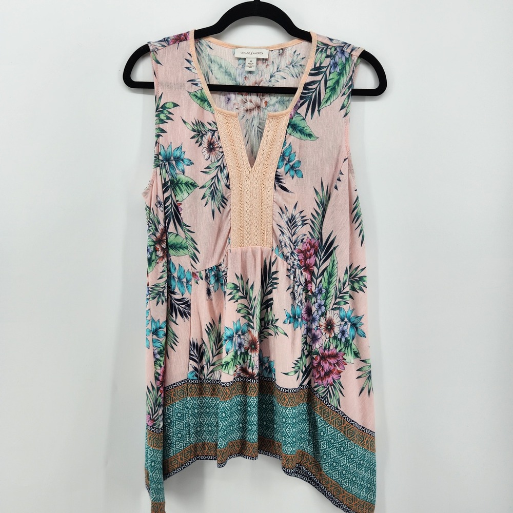 Vintage America Sleeveless Floral Print Top V-Neck Boho Blouse Medium